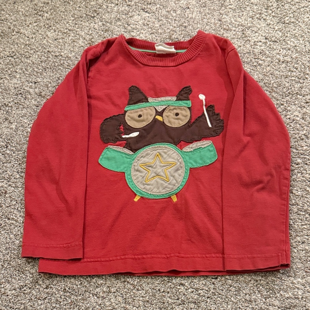 Mini Boden Red Long-Sleeve Owl Playing Drums Appliqué Tshirt 4-5